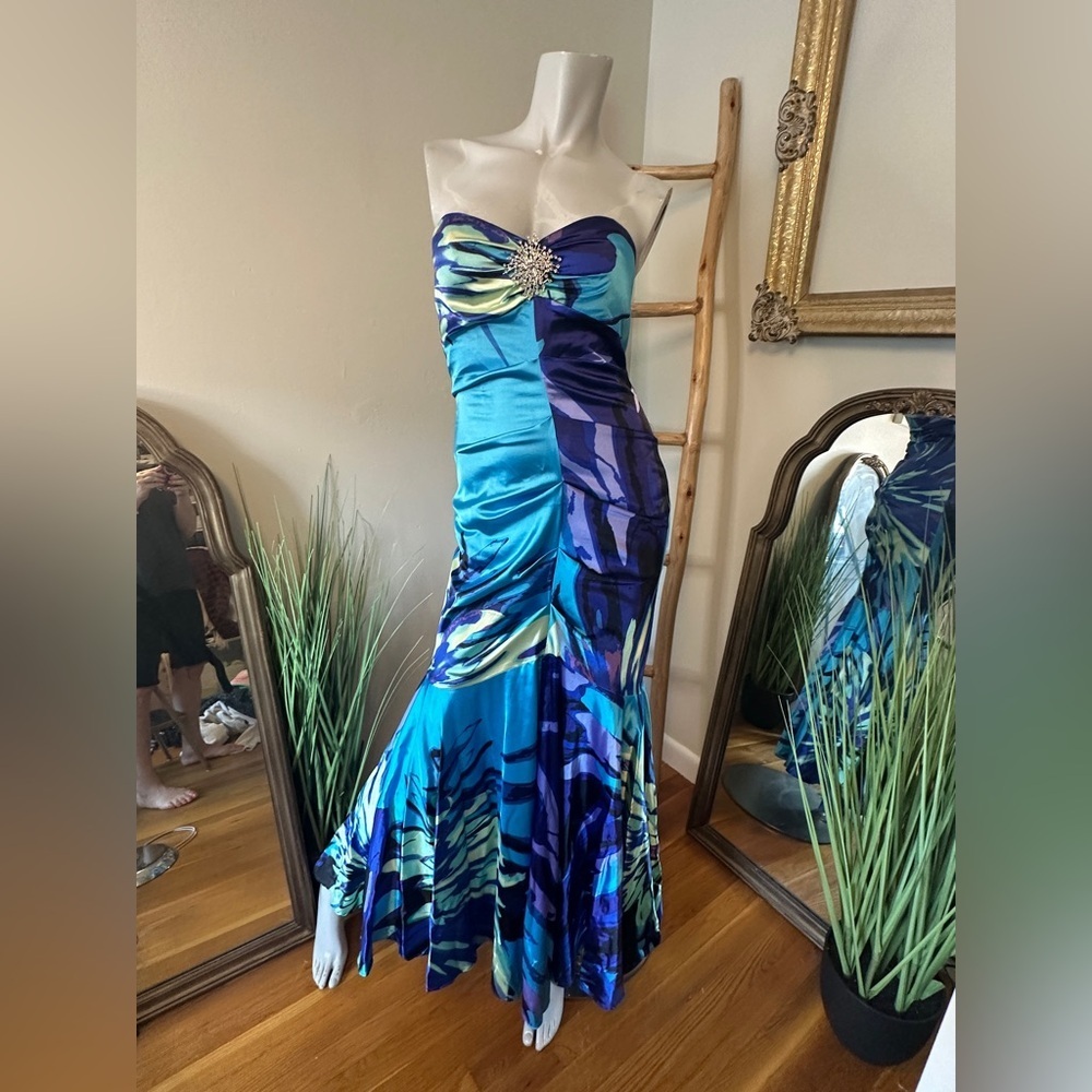 Cache Y2K Blue Strapless Mermaid Dress Size 2 VINTAGE